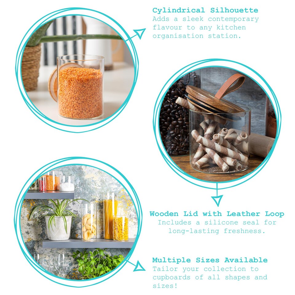 image 1 of Argon Tableware Glass Storage Jars - Leather Loop Lid - 1 Litre - Modern Round Scandi Organisation Container Glass Jar - Set of 6