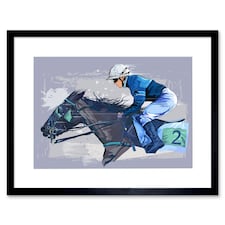 Racing Horse Jockey Race Sport Blue Painting 9x7" Black Framed Wall Art Print