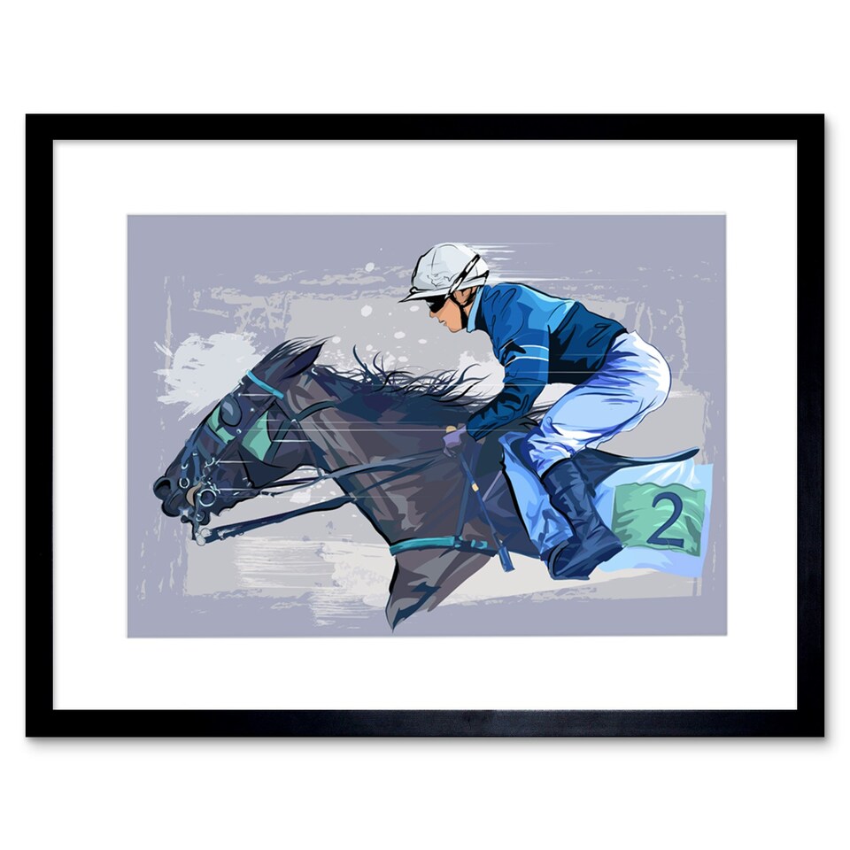 image 1 of Racing Horse Jockey Race Sport Blue Painting 9x7" Black Framed Wall Art Print