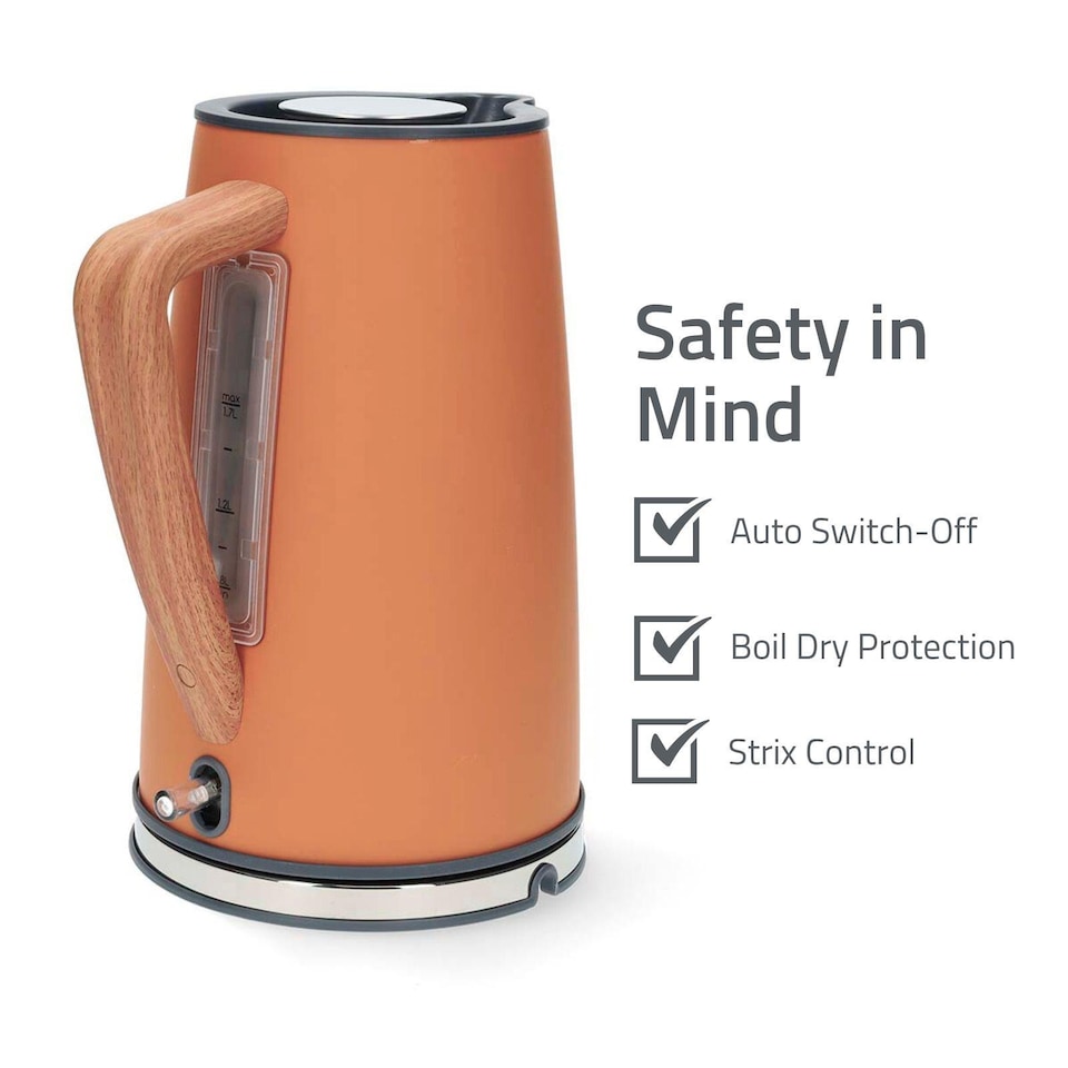image 1 of Nedis 1.7L Soft Touch Jug Kettle with Wood Effect Handle, Overheat Protection, Removeable Filter, 2.2KW - Matte Orange