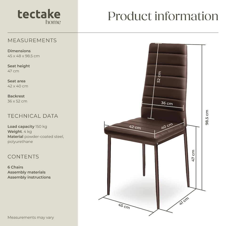 image 1 of Dining Chairs - high backrest, padded, synthetic leather  - Set of 6 Brown | Cappuccino