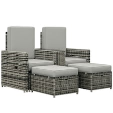 Outsunny Recliner Rattan Sun Lounger w/ Storage Tea Table & Footstools, Grey