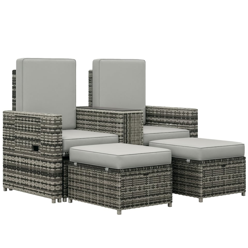 image 1 of Outsunny Recliner Rattan Sun Lounger w/ Storage Tea Table & Footstools, Grey