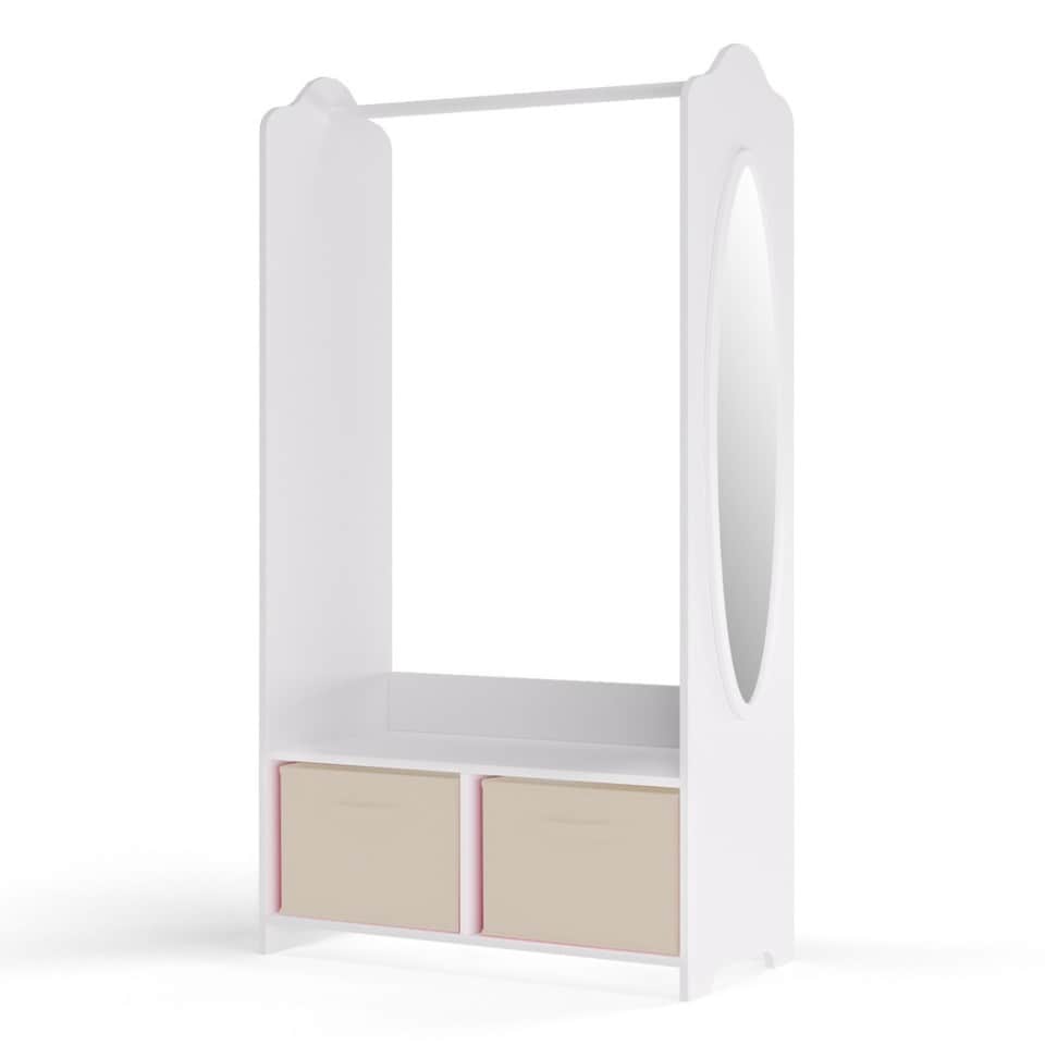 image 1 of Kids MDF Wooden Hanging Clothes Rail Wardrobe Storage Shelves with Inserts Mirror | White | Beige