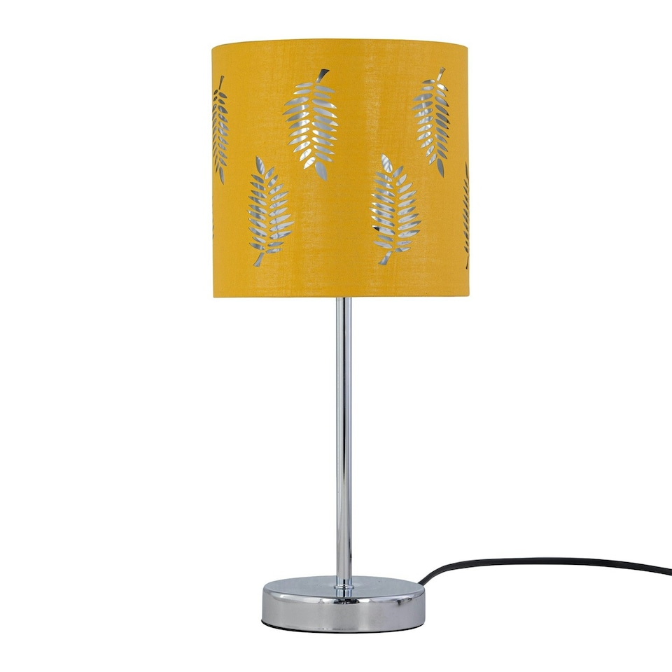 image 1 of First Choice Lighting Set of 2 Chrome Touch Operated Table Lamps with Ochre Mustard Fern Shades Chrome | Yellow
