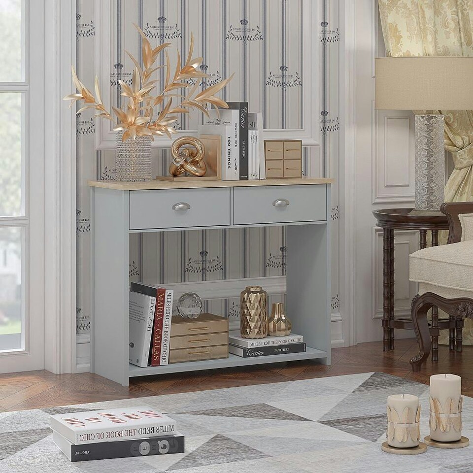 image 1 of Westbury Farmhouse 2 Drawer Hallway Console Table - Matt Grey & Light Oak Grey