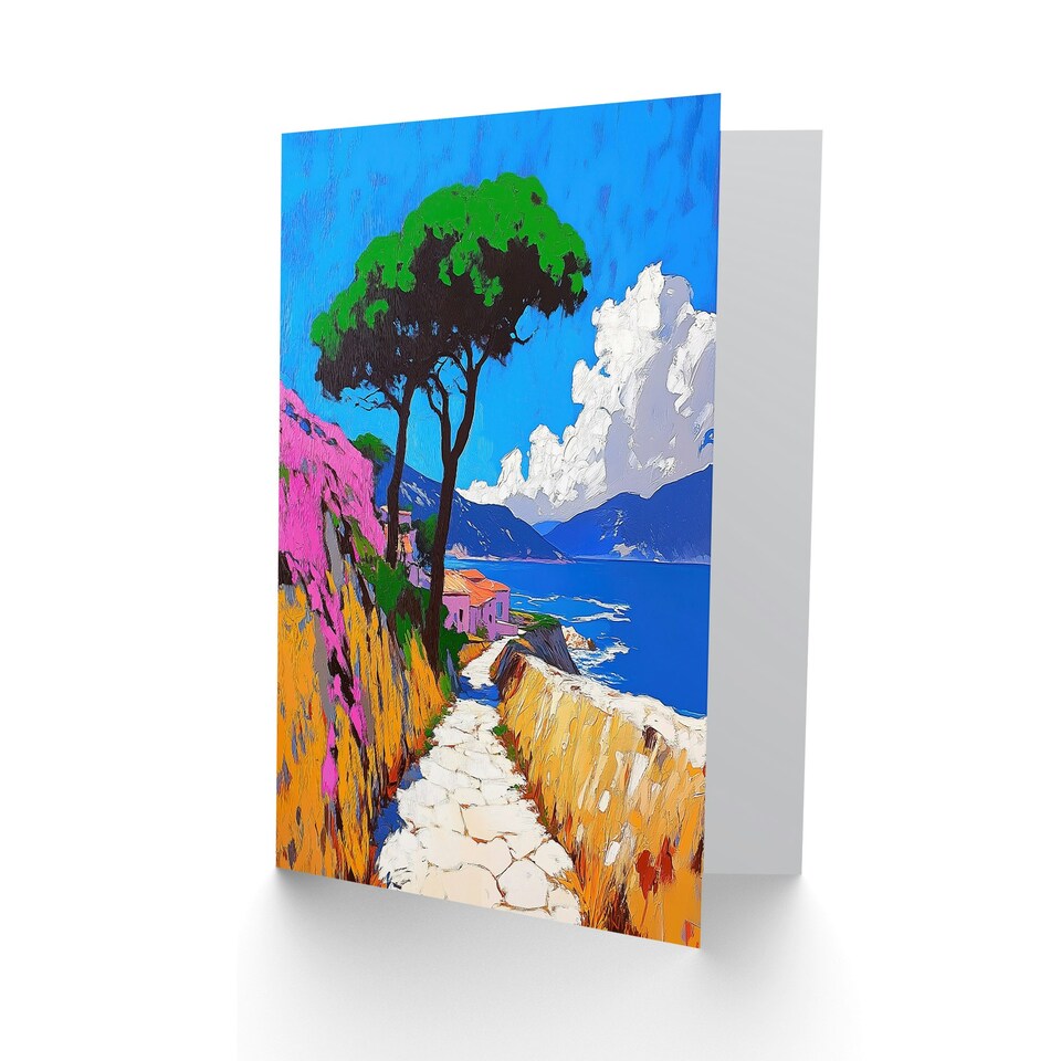 image 1 of Santorini Greece Coastal Path Colourful Landscape Birthday Greeting Card
