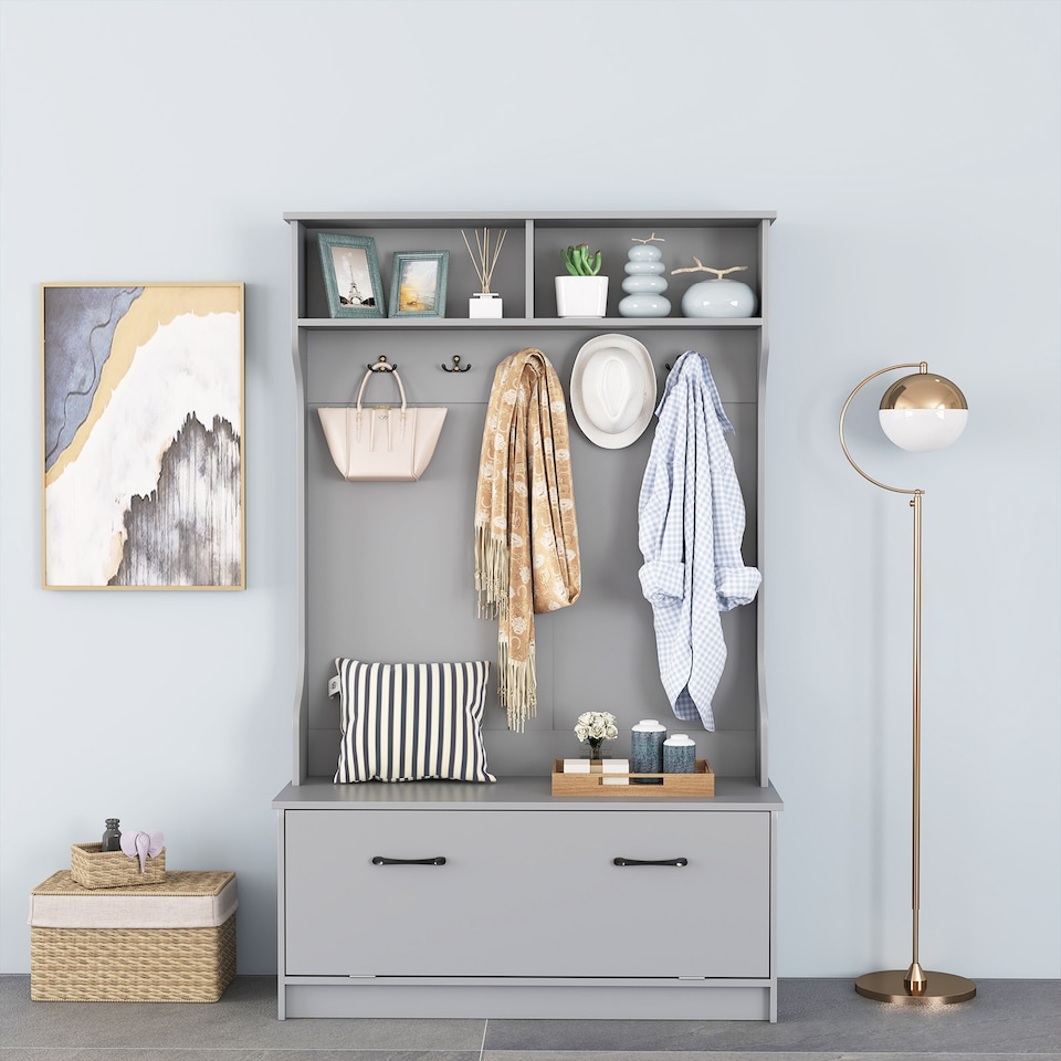 image 1 of COSTWAY 3 in 1 Freestanding Hall Coat Rack Stand Shoe Bench Grey