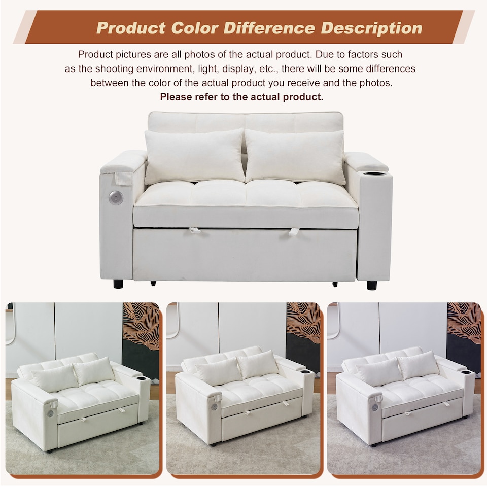 image 1 of FENCHILIN 2 Seater Pull Out Sofa Bed Loveseat Recliner with Hidden Table, Cup Holders, USB & Type-C Beige