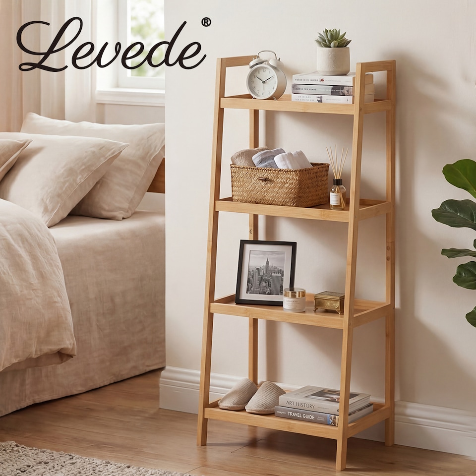 image 1 of Levede Bathroom Storage Shelves 4 Tier Rack Corner Bathroom Kitchen Bamboo