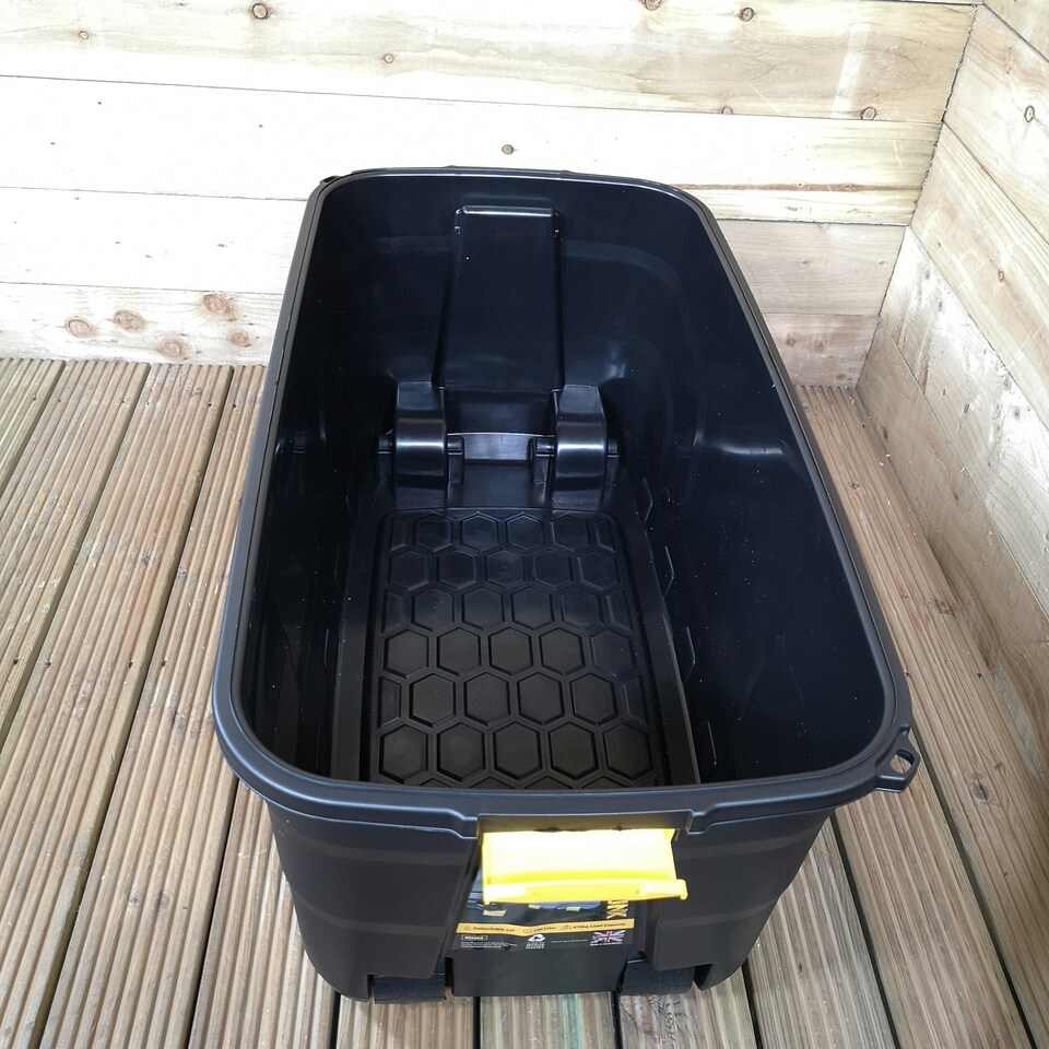 image 1 of 75L Heavy Duty Trunk on Wheels Sturdy, Lockable, Stackable and Nestable Design Storage Chest with Clips in Black