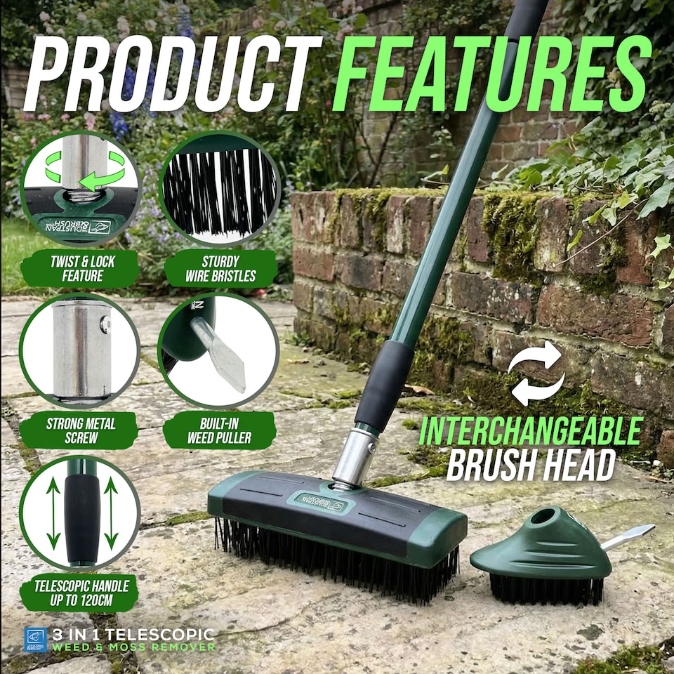 image 1 of Weed Remover Tool Wire Brush Scraper Set with Metal Broom & Weed Removal Head