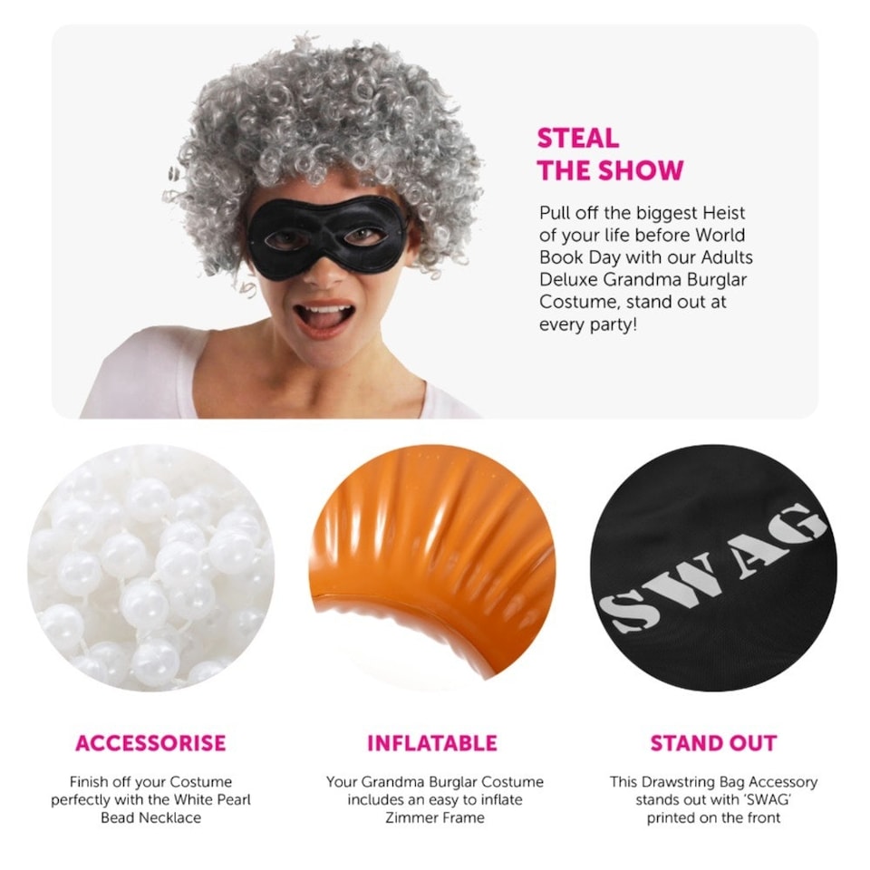 image 1 of Grandma Burglar Costume - Top, Wig & Accessories Black | 2XL