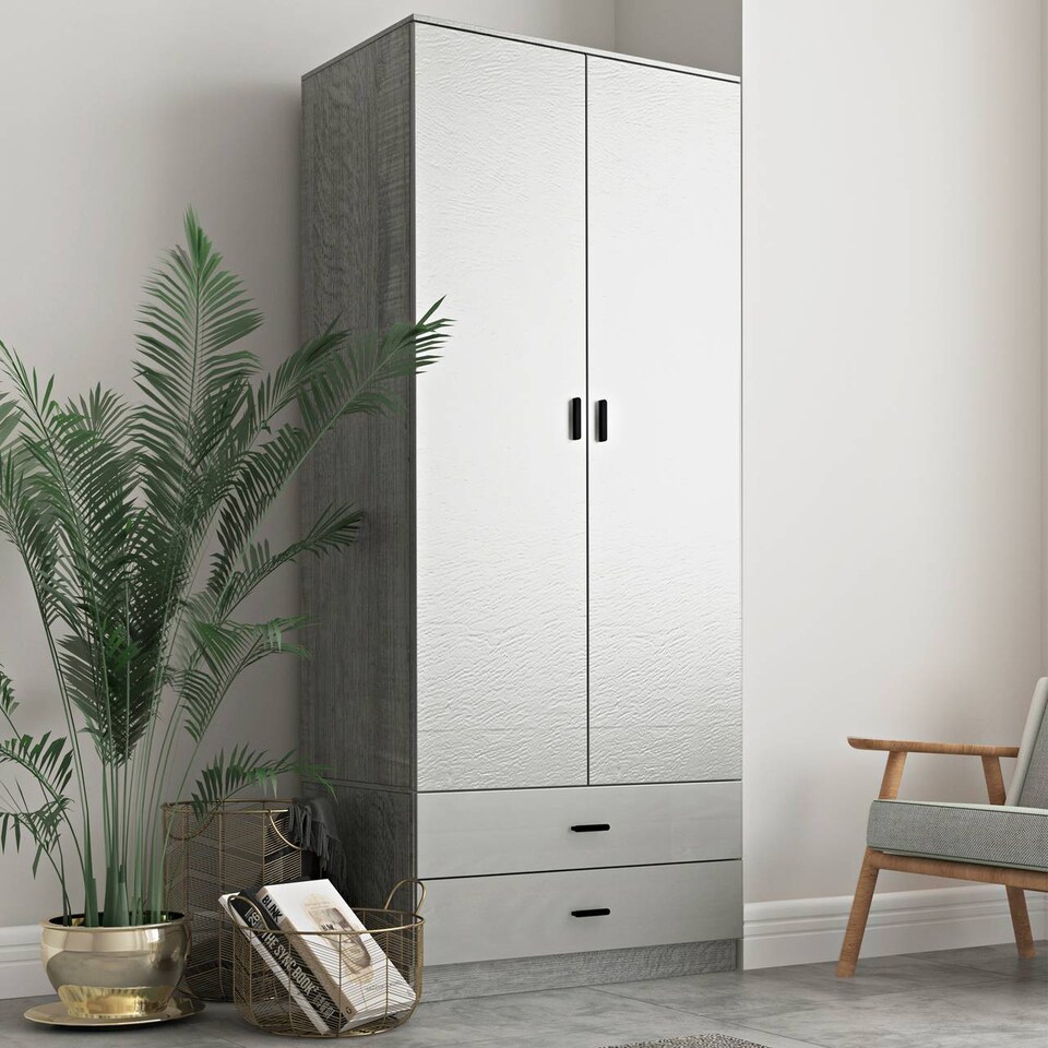 image 1 of 2-Door 2-Drawer Wardrobe with Storage Shelf, and Hanging Space - 180x75x46cm | Grey | Ash Grey & Grey | 1