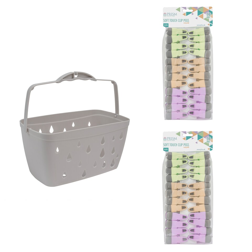 image 1 of JVL Grey Peg Basket with 48 Soft Touch Clip Clothes Pegs, Assorted Colours
