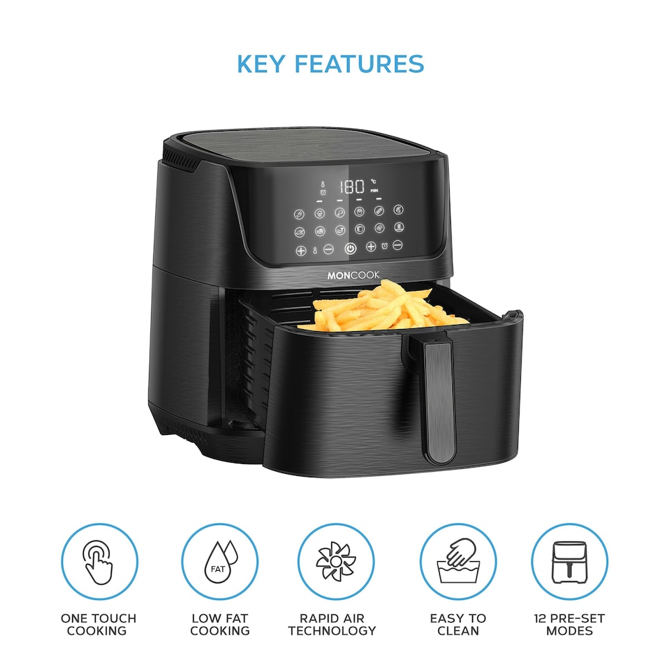 image 1 of MONCOOK Digital Air Fryer - 6.5 L Oil-free Non Stick - 50 Airfryer Recipe Cookbook - 12 Pre-Set Programs - Chip Fryer, Adjustable Thermostat, LED Display, Timer