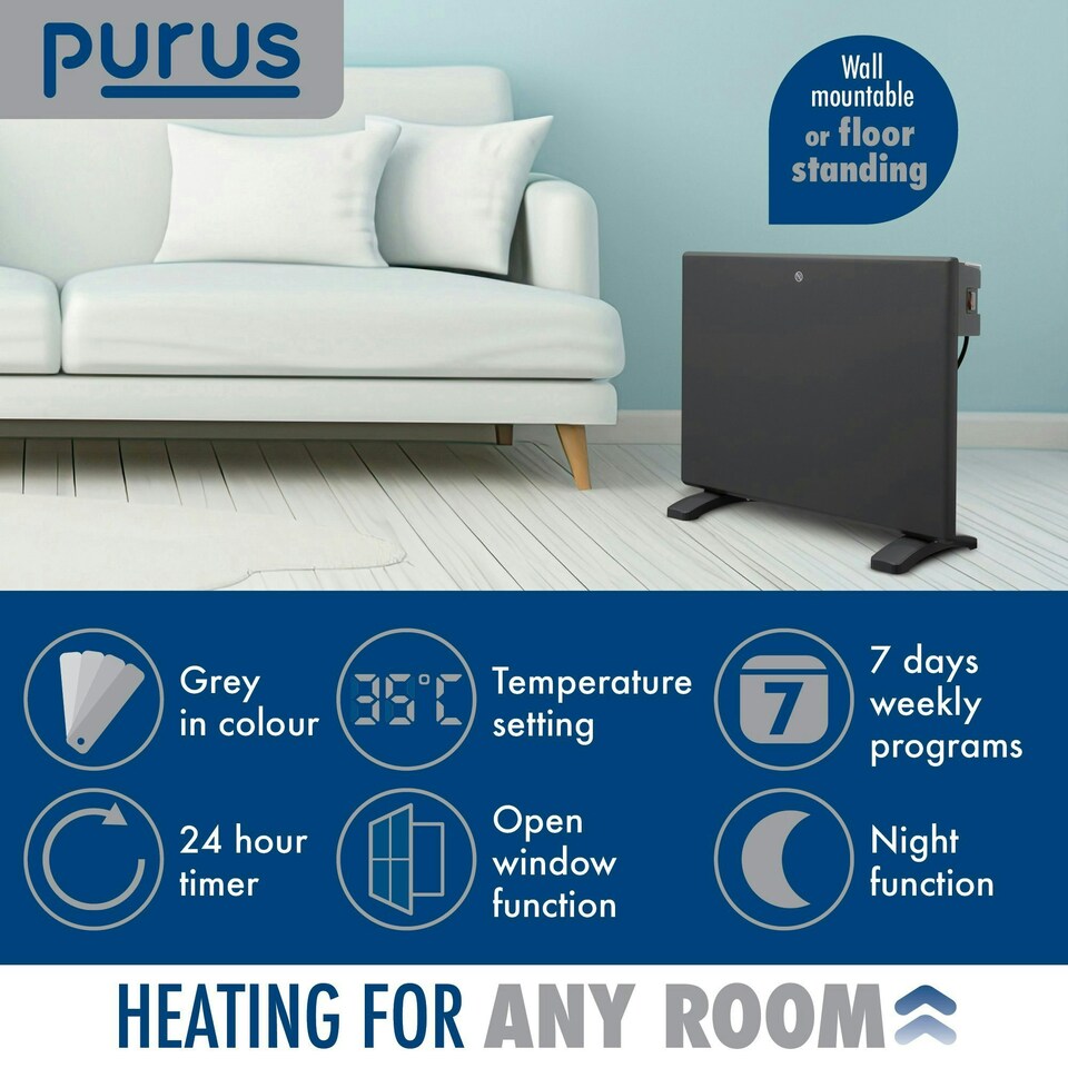 image 1 of Purus 600W Electric Panel Wall Radiator Heater Grey