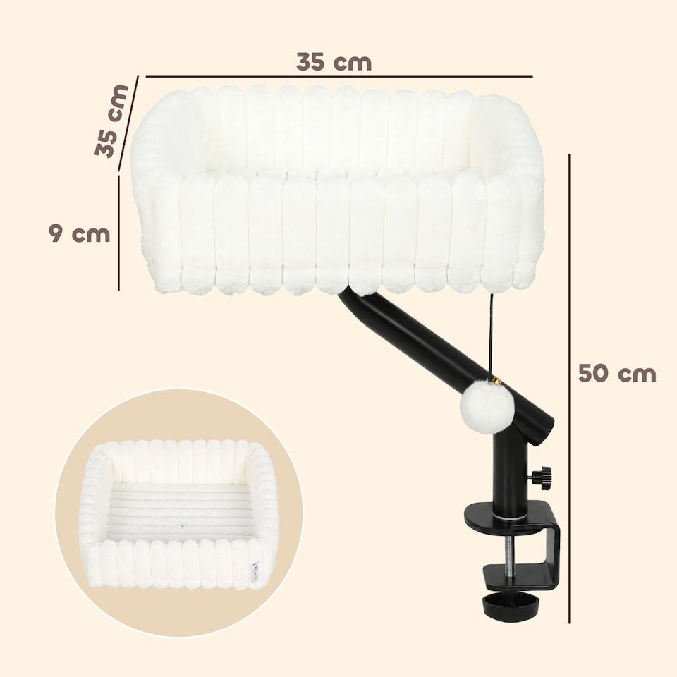 image 1 of PawHut Cat Desk Bed, 360° Rotatable Raised Cat House w/ Hanging Ball, White