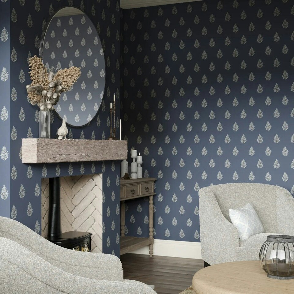 image 1 of Posy Wallpaper in Cream on Navy Multi
