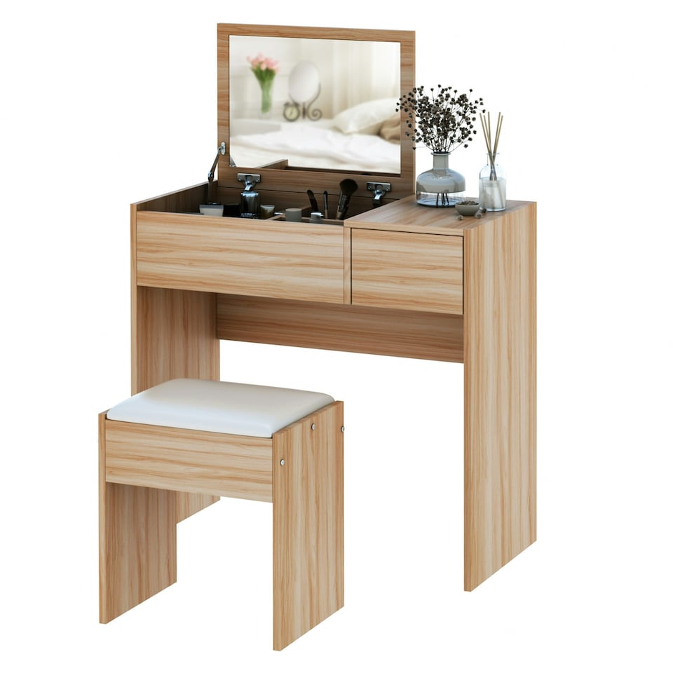 image 1 of HOMCOM Dressing Table Set Cushioned Stool Flip-up Mirror Drawer Chipboard Wood