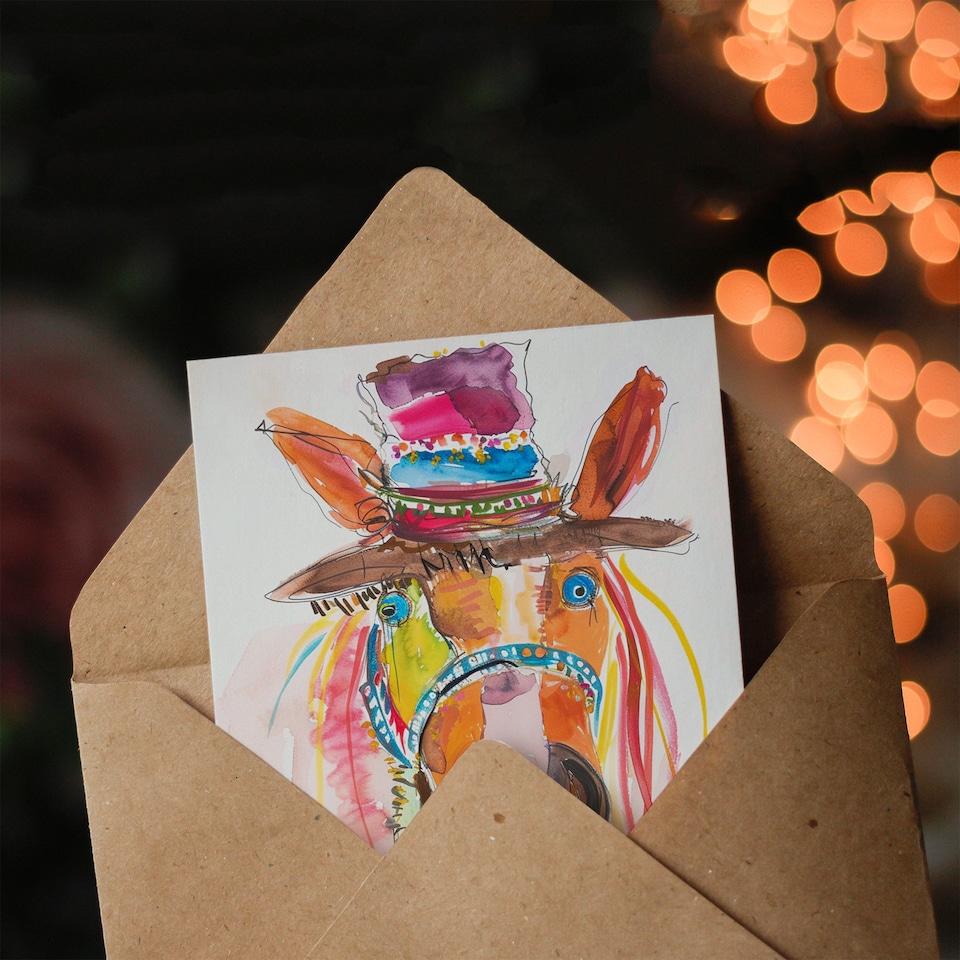 image 1 of Hippie Horse Hat Fun Colourful Child Painting Birthday Card