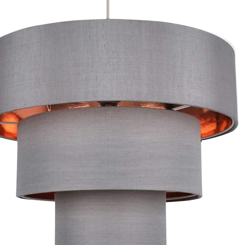 image 1 of First Choice Lighting Set of 2 Staggered 3 Tier Grey Faux Silk Slub Fabric Ceiling Adjustable Flush Shade with Copper Board Inner Chrome | Grey