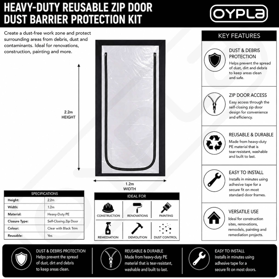 image 1 of Heavy Duty Reusable Zip Door Dust Barrier Guard Protection Kit | Clear | 1