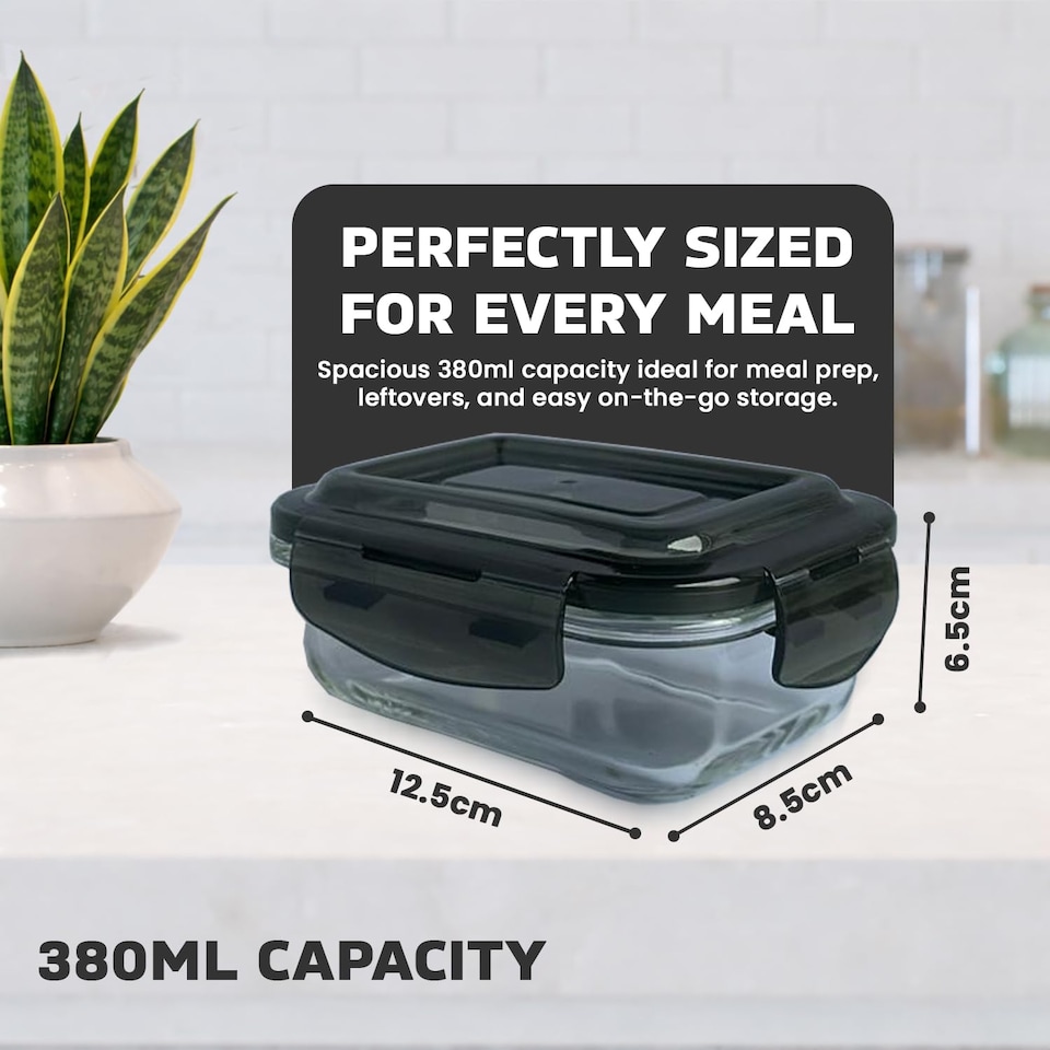 image 1 of 380ml Meal Prep Glass Containers with Airtight Lids Clip Lock Takeaway Containers Pack 5