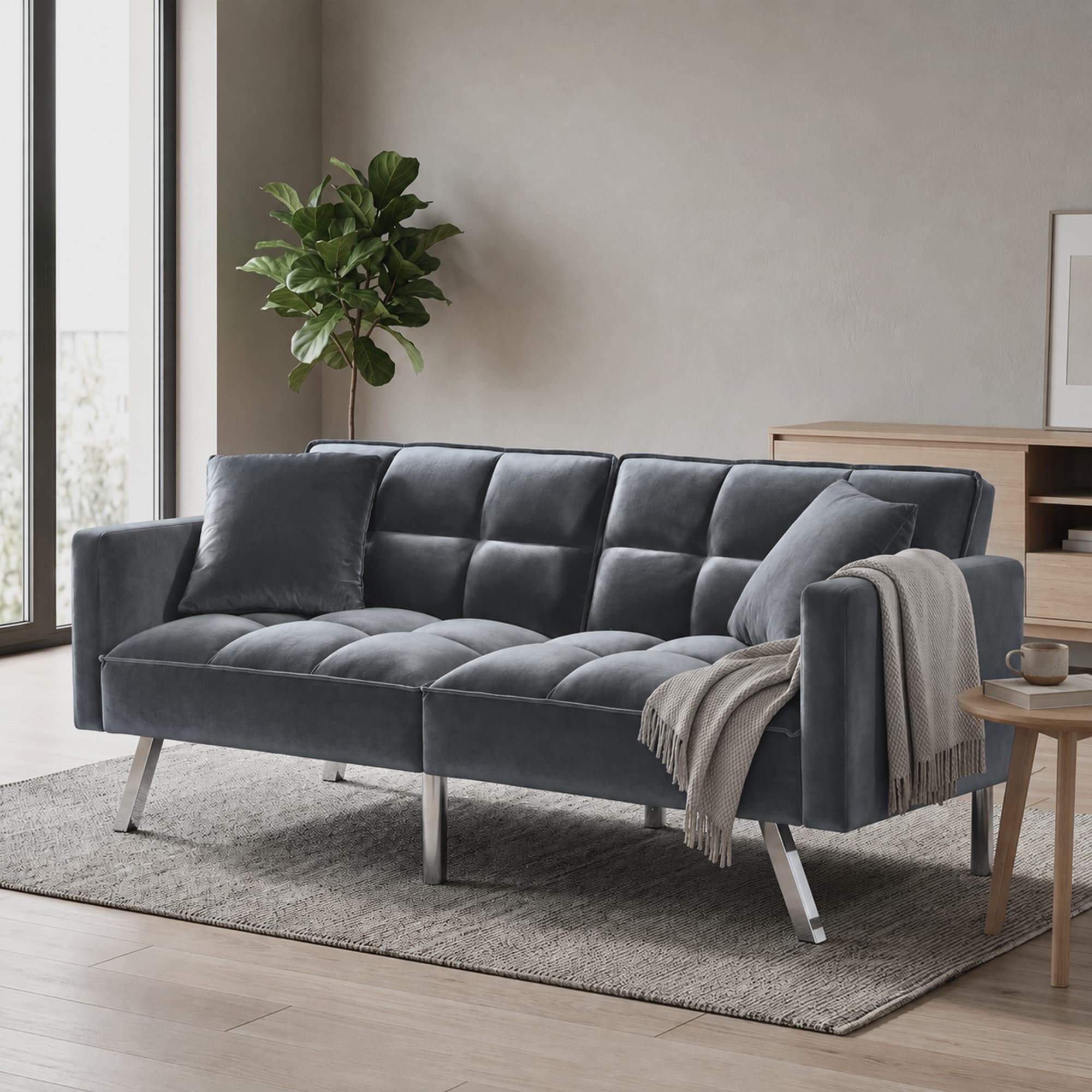 Sofa Bed 2 Seater Grey Velvet Click Clack Sofa Settee Recliner Couch with Metal Legs with 2 Pillows