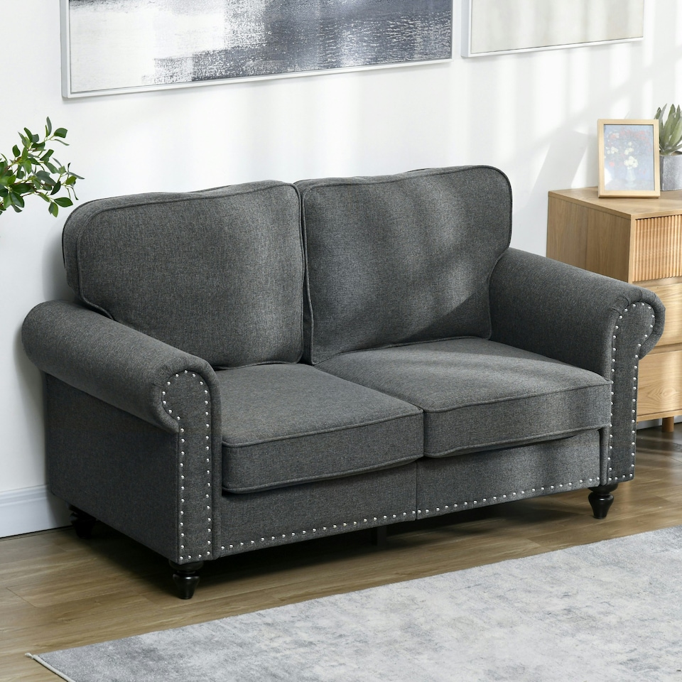 image 1 of HOMCOM 2 Seater Sofa for Living Room, with Nailhead Trim, Charcoal Grey