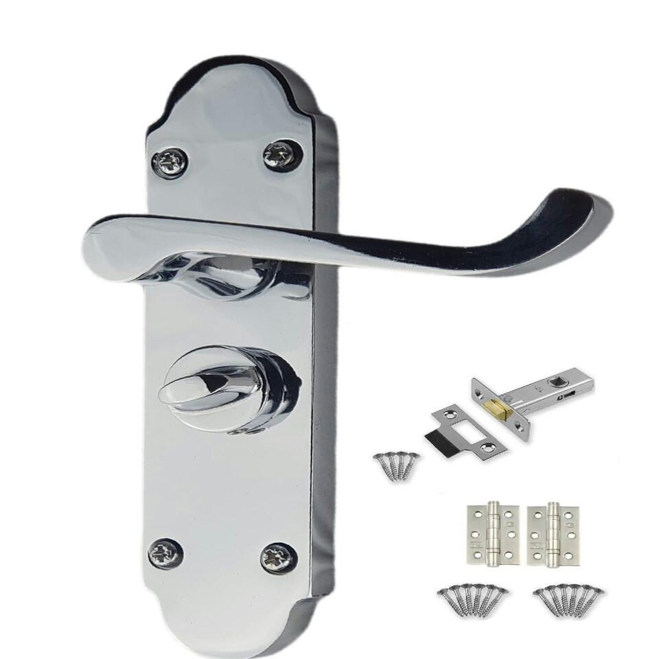 image 1 of Golden Grace Victorian Epsom Design Scroll Door Handles in Polished Chrome with 1 Pair of 3" Ball Bearing Hinges & 63mm Latch, Privacy Pack - 168mm Chrome