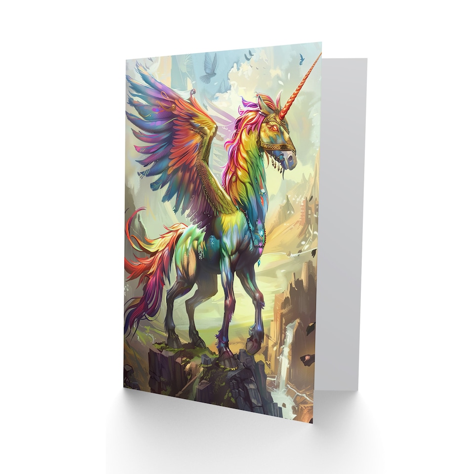 image 1 of Greeting Card Rainbow Warrior Unicorn Fantasy Concept Art Birthday