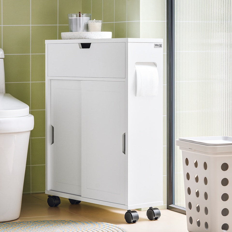 image 1 of SoBuy BZR31-W,Slim Bathroom Cabinet on Wheels with Sliding Doors | White | White | 1