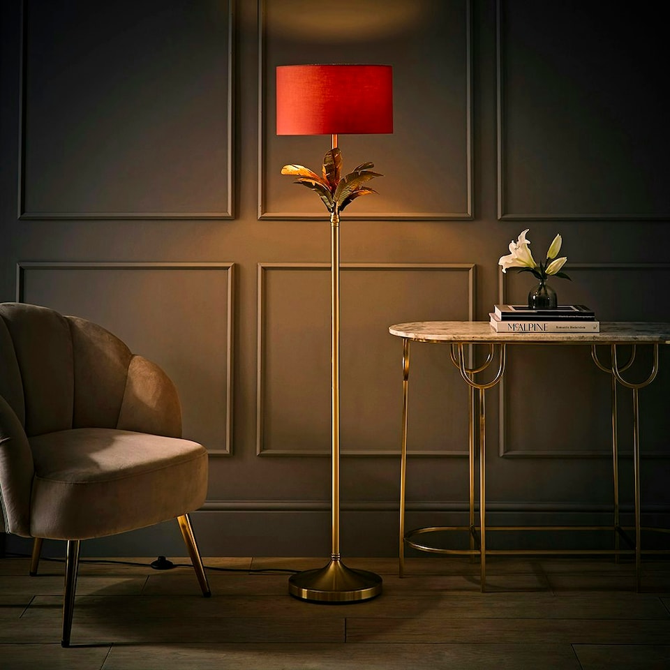 image 1 of ValueLights Christina Rust Red Drum Shade Gold Palm Leaf Single Stem Floor Lamp and Bulb Gold