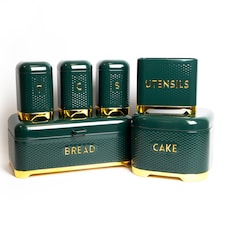6pc Gift-Boxed Hunter Green Kitchen Set with Tea, Coffee & Sugar Canisters, Utensil Store, Cake Tin and Bread Bin - Lovello