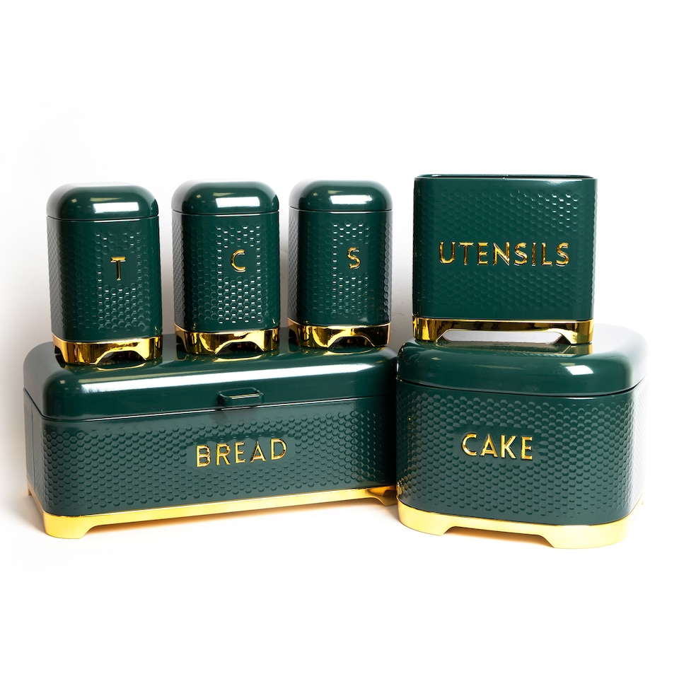 image 1 of 6pc Gift-Boxed Hunter Green Kitchen Set with Tea, Coffee & Sugar Canisters, Utensil Store, Cake Tin and Bread Bin - Lovello