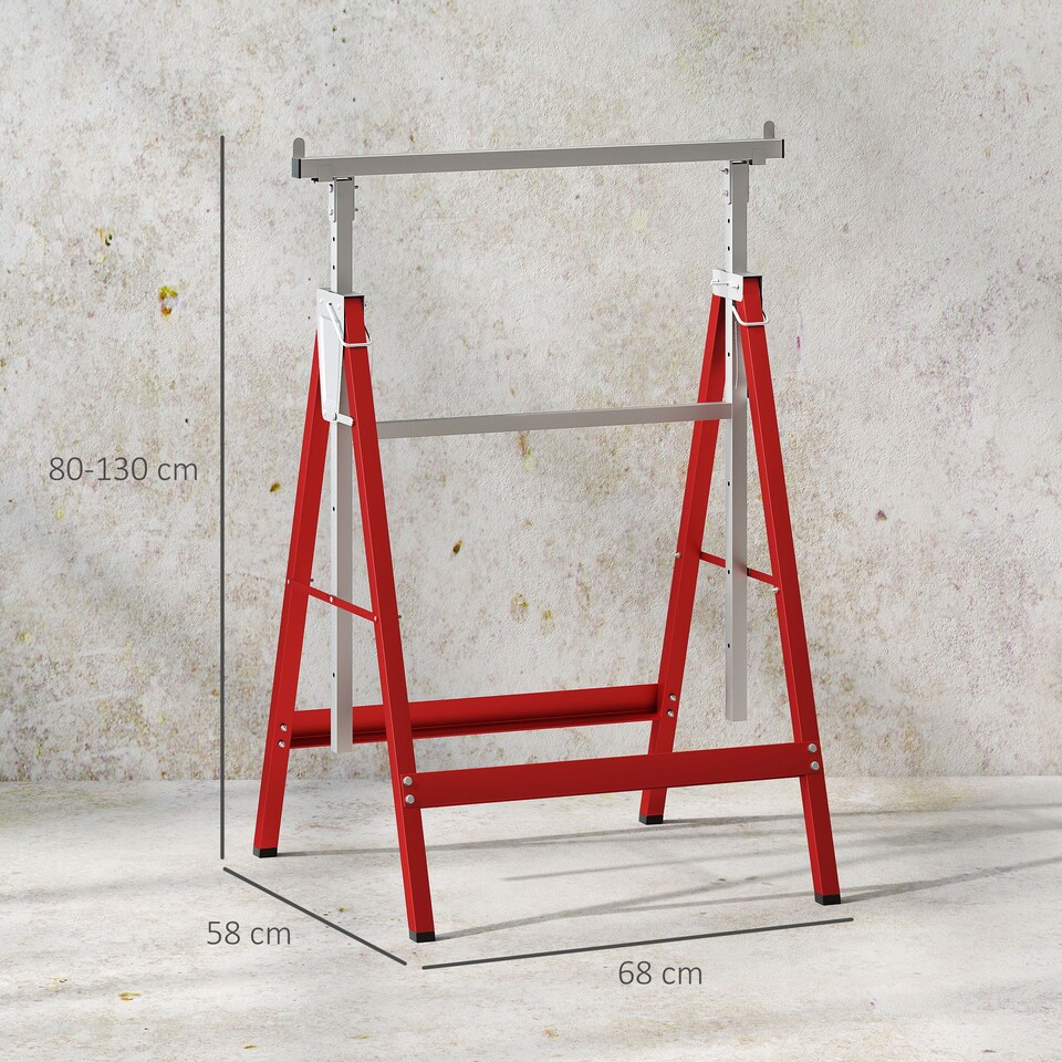 image 1 of HOMCOM Set Of 2 Steel Saw Horses Telescopic Builders Work Bench Folding Red