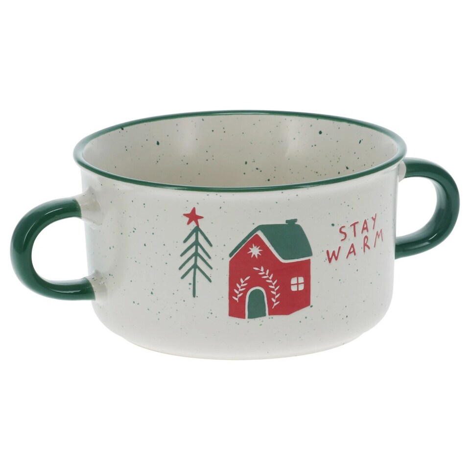 image 1 of Christmas Soup Mugs Jumbo Stoneware Two Handle Festive Xmas Bowls | Multi | Set of 8
