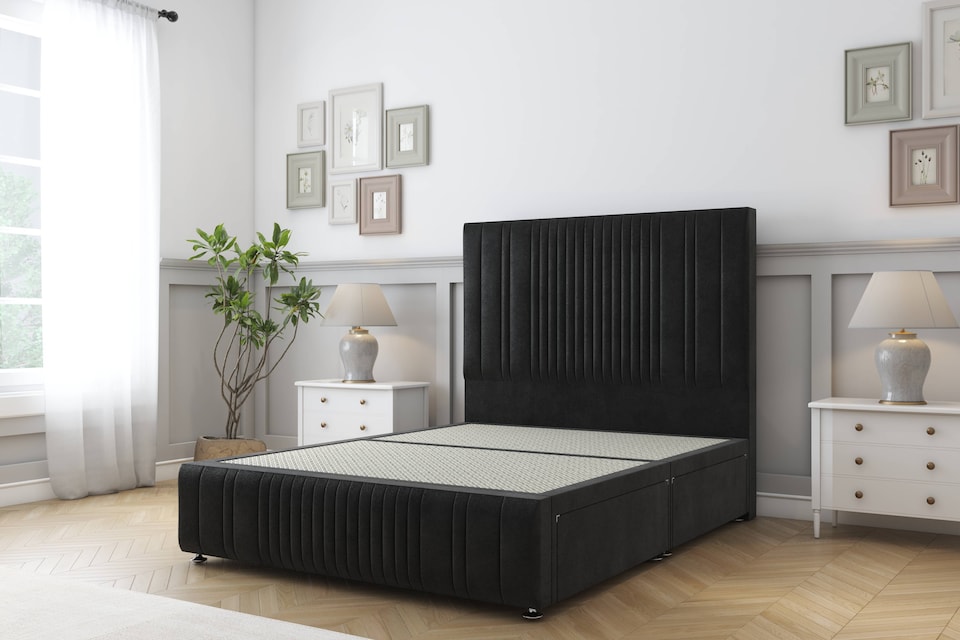 image 1 of Sloomy Kingsley Black Plush Divan Bed Base No Drawers With 54 Inch Floor Standing Headboard & 12 Inch Matching Footboard | Black | Black | Double | 1