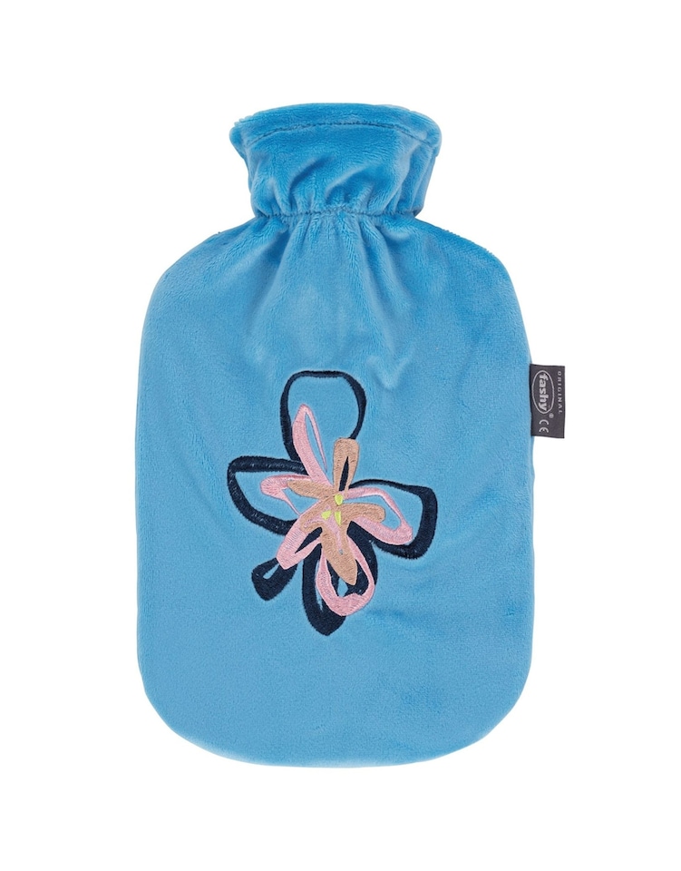 Fashy 2 Litre Hot Water Bottles with Plush Fleece Cover - Sky Blue