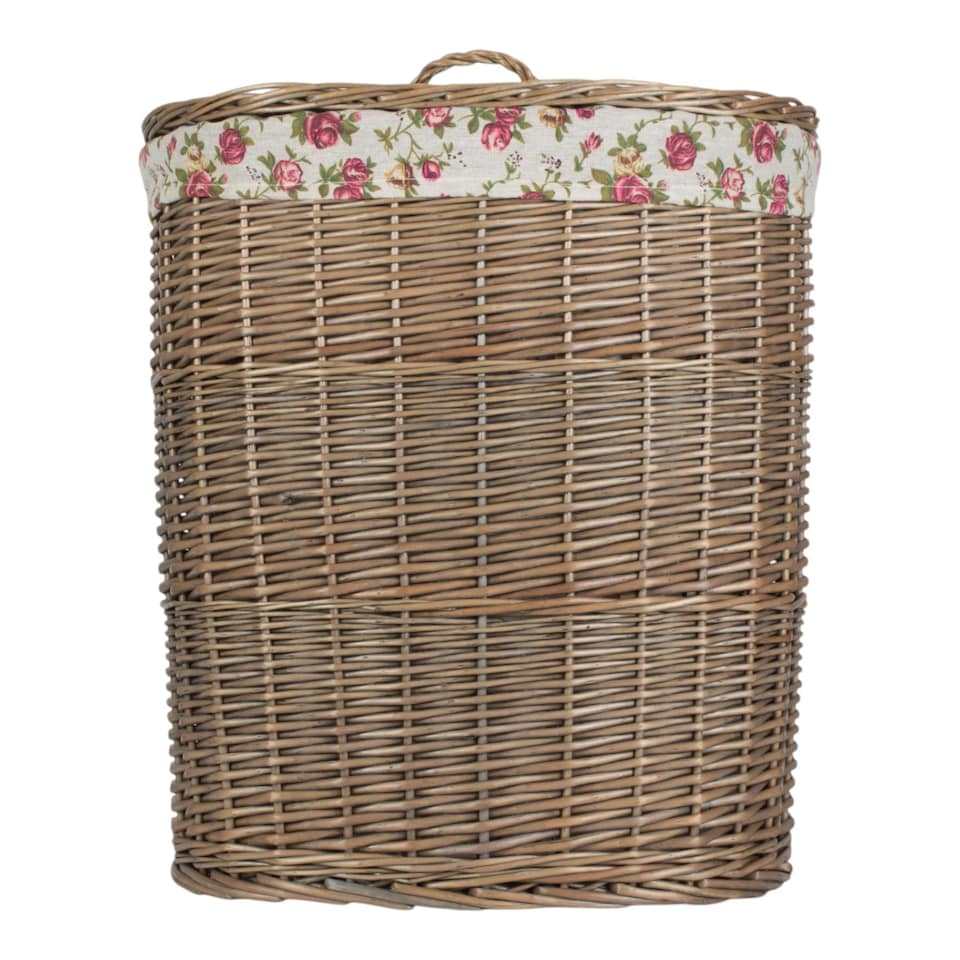image 1 of Antique Wash Garden Rose Cotton Lined Oval Willow Laundry Basket