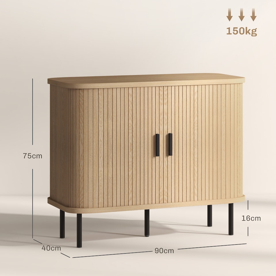 image 1 of HOMCOM Mid-Century Modern Sideboard Storage Cabinet with Slatted Tambour Sliding Doors, Kitchen Cabinet with Steel Legs, Oak Tone | White | Oak Tone