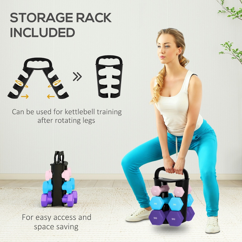 image 1 of SPORTNOW Dumbbells Set with Storage Rack, 2 x 1kg, 2 x 3kg, 2 x 5kg, Pink