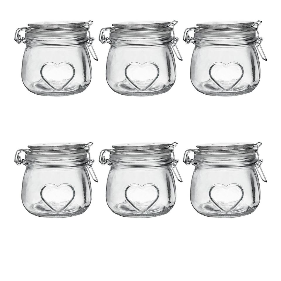 image 1 of Nicola Spring 6x Glass Storage Jars - 500ml Airtight Clip Lid Kitchen Vintage Round Preserving Container Heart Shaped Design