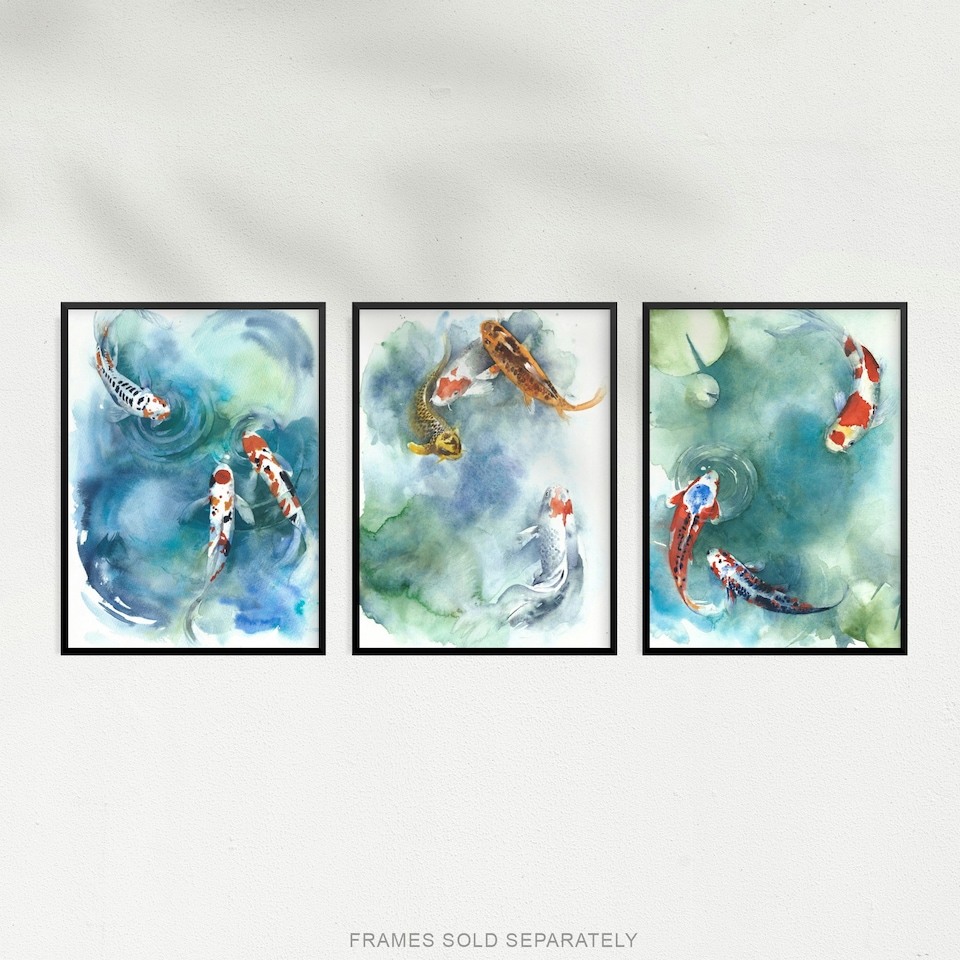 image 1 of Set Of 3 Watercolour Japanese Koi Carp Fish Pond Bathroom Wall Art Prints 12X16 Inch