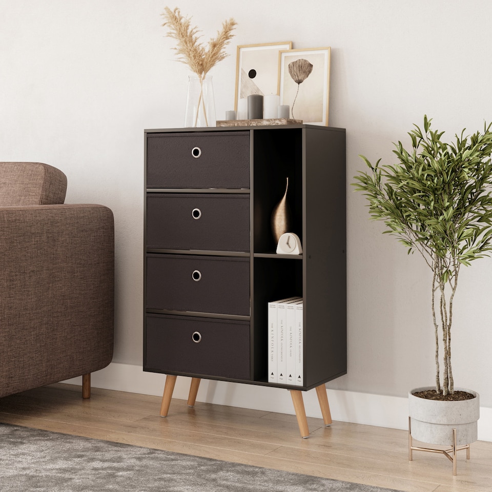 image 1 of Black 4-Drawer 2-Section Shelving Unit With Legs | Black | Black & Beech | 1