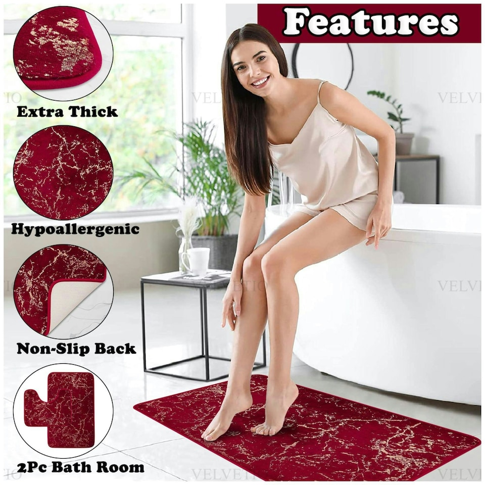 image 1 of VELVETIO Glitter Bath Mat Set Non Slip Water Absorbent Toilet Rugs Red