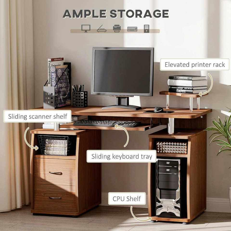 image 1 of HOMCOM Computer Desk Table Workstation with Keyboard Tray, Brown