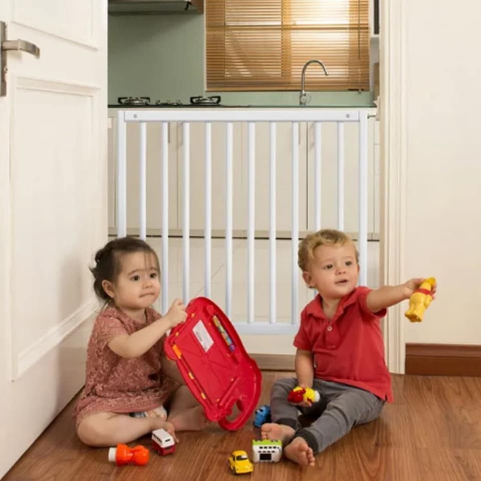 image 1 of Safetots Simply Secure Wooden Gate, 72cm - 79cm, White, Wooden Stair Gate, Screw Fit Baby Gate, Safety Barrier