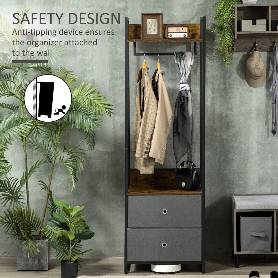 image 1 of HOMCOM Clothes Rail, Metal Coat Stand, Garment Rack with 2 Fabric Storage Drawers, Single Wardrobe for Bedroom, Hallway, Rustic Brown and Grey